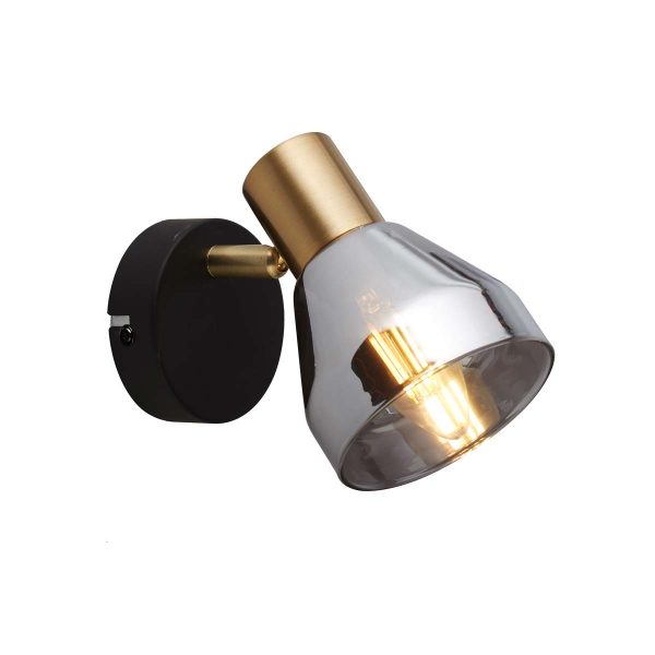 Westminster single spotlight in black and satin brass with smoked glass shade on white background lit