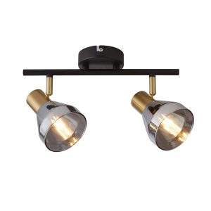 Westminster 2 light spotlight in black and satin brass with smoked glass shades on white background lit