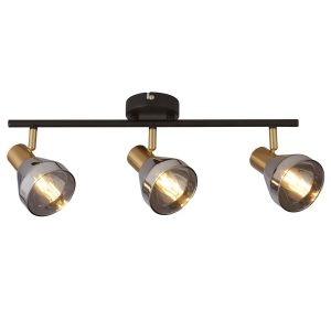Westminster 3 light spotlight in black and satin brass with smoked glass shades on white background lit