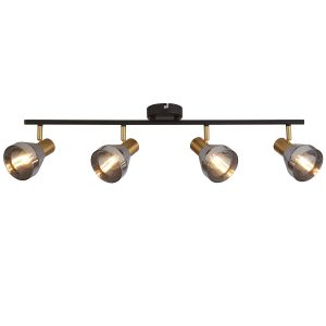 Westminster 4 light spotlight in black and satin brass with smoked glass shades on white background lit