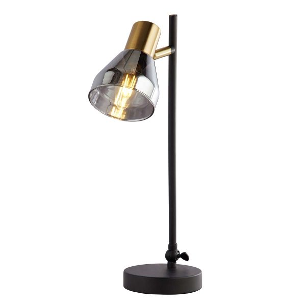 Westminster 1 light table lamp in black and satin brass with smoked glass shade on white background lit