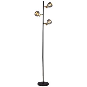 Westminster 3 light floor lamp in black and satin brass with smoked glass shades on white background lit