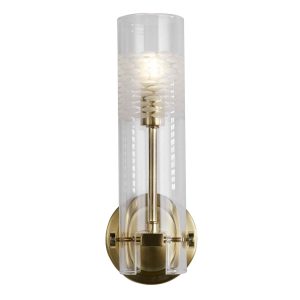 Scope elegant bathroom wall light in satin brass with etched glass shade on white background lit