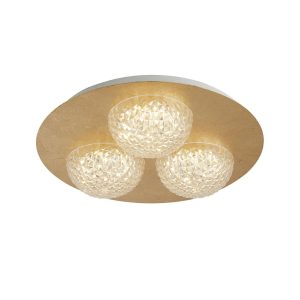 Celestia round 3 light LED flush ceiling light in gold painted finish on white background, lit.