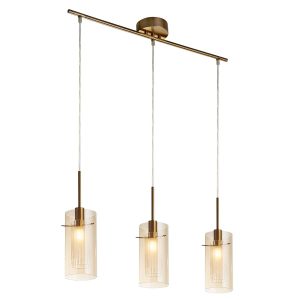 Duo III 3 light bar pendant in bronze with champagne glass shades on white background lit