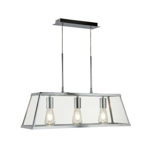 Voyager industrial 3 light pendant lantern in polished chrome on white background full height