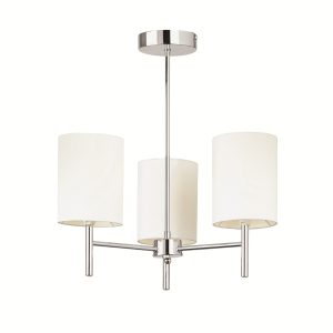 Brio polished chrome 3 light semi flush with cream shades on white background.