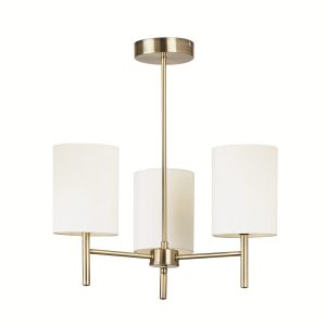 Brio antique brass 3 light semi flush with cream shades on white background.