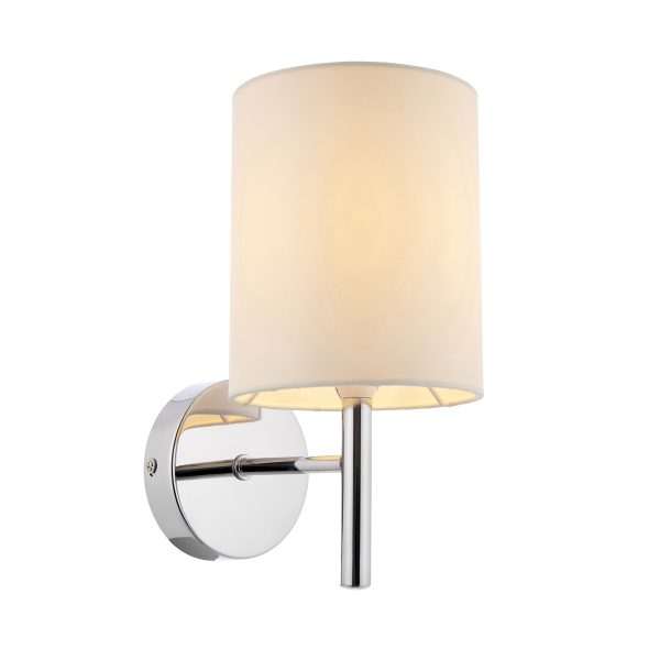 Brio 1 light polished chrome wall light with cream shade on white background, lit.