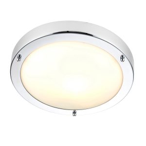 Portico flush bathroom ceiling light in polished chrome on white background lit