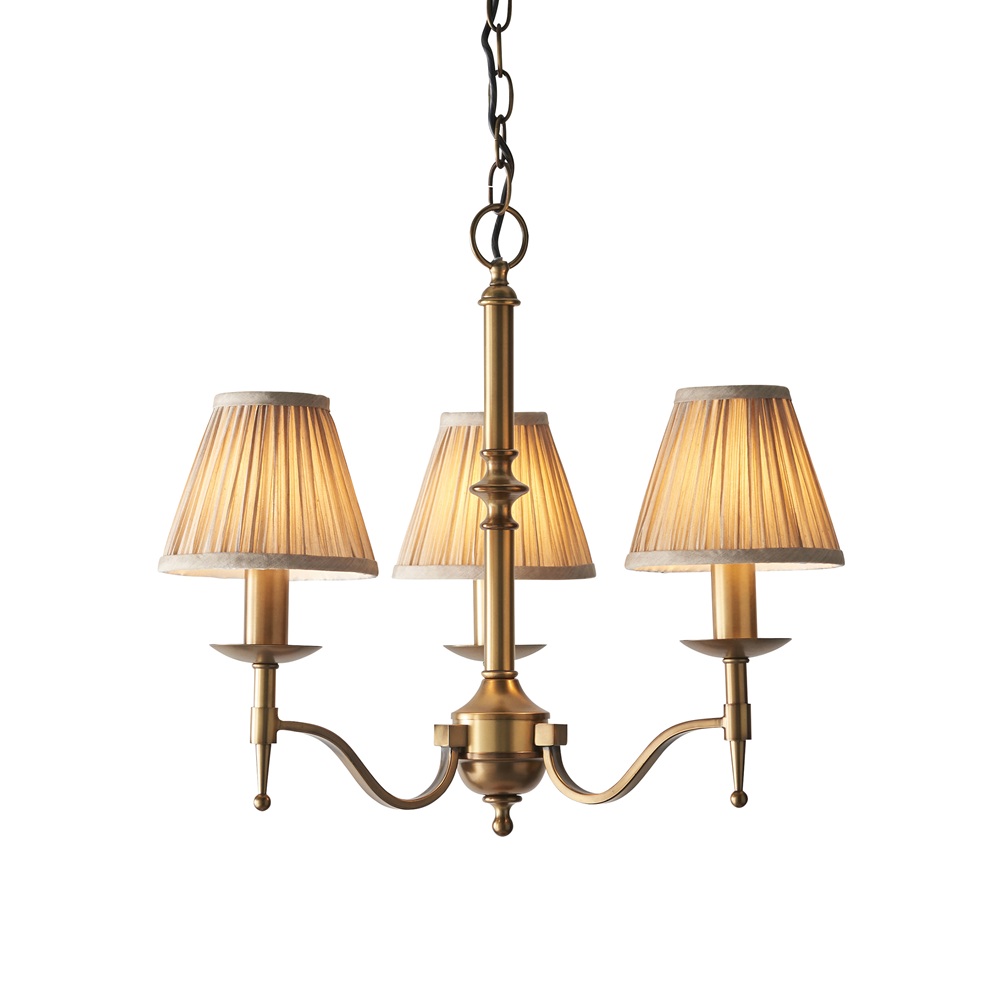 Stanford Antique Brass 3 Light Chandelier With Beige Shades