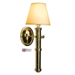Velsheda single nautical wall light in solid brass shown polished with ivory shade