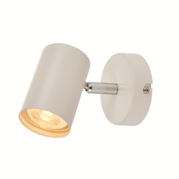 Aretzzo, modern matt white 1 light LED wall spotlight, shown wall mounted, lit.