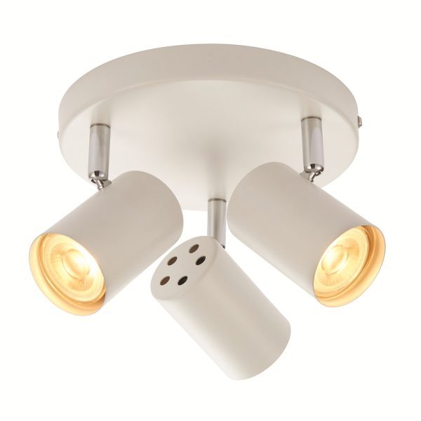 Aretzzo modern matt white 3 light LED round ceiling spotlight plate on white background, lit.