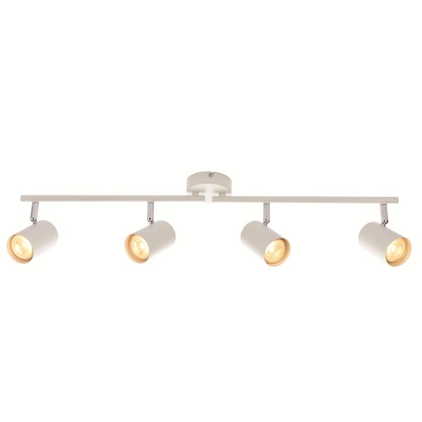 Aretzzo, modern matt white 4 light LED ceiling spotlight bar on white background, lit.