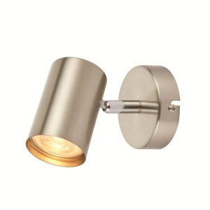 Aretzzo modern satin chrome 1 light LED wall spotlight, shown wall mounted, lit.