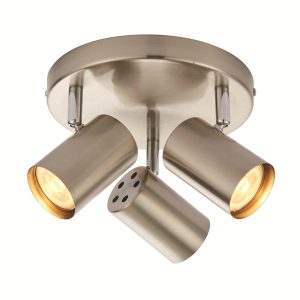 Aretzzo modern satin chrome 3 light LED round ceiling spotlight plate on white background, lit.