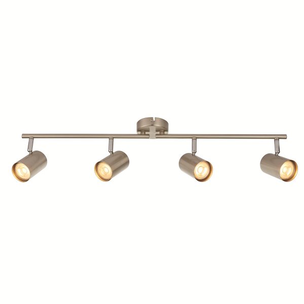 Aretzzo modern satin chrome 4 light LED ceiling spotlight bar on white background, lit.