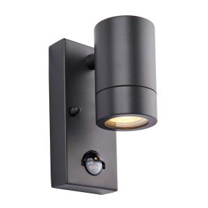 Palin 1 light PIR wall light with override in anthracite on white background lit