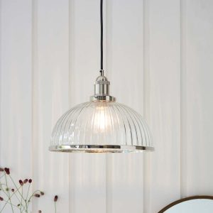 Hansen ribbed glass ceiling pendant in polished nickel, hanging in room