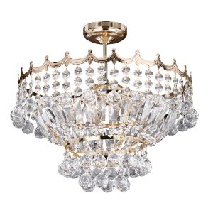 Versailles 5 light gold finish semi-flush crystal chandelier on white background