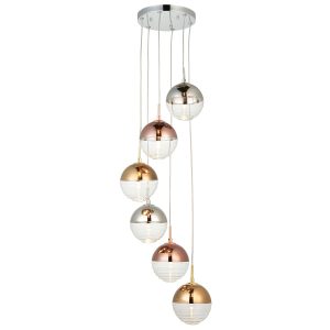 Paloma 6 light cluster pendant in polished chrome, copper and gold on white background
