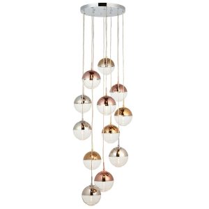 Paloma 12 light cluster pendant in polished chrome, copper and gold on white background