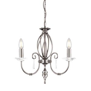 Elstead Aegean polished nickel 3 light chandelier on white background lit