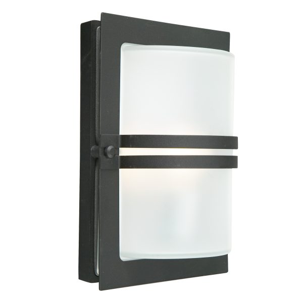 Basel Art Deco outdoor wall light in black galvanised steel with frosted glass shade, main image on white background.