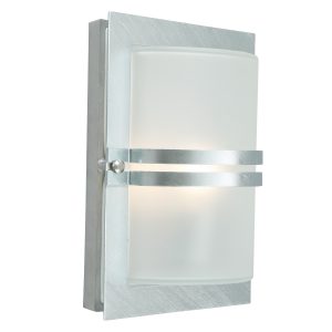 Basel Art Deco outdoor wall light in galvanised steel with frosted glass shade, main image on white background.