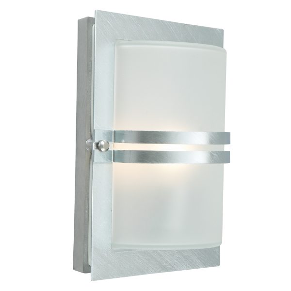 Basel Art Deco outdoor wall light in galvanised steel with frosted glass shade, main image on white background.