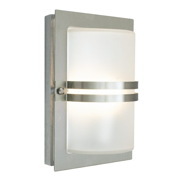 Basel Art Deco outdoor wall light in 316 stainless steel with frosted glass shade, main image on white background.