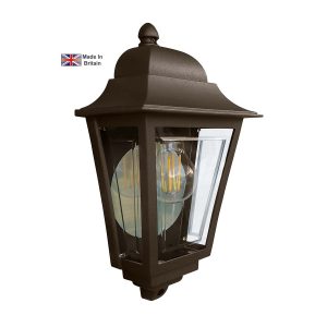 Deco Lane 1 light traditional outdoor wall half lantern in bronze on white background, lit