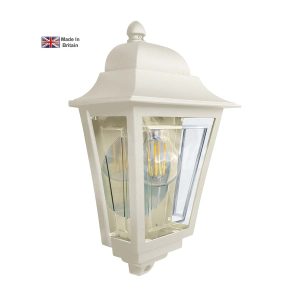 Deco Lane 1 light traditional outdoor wall half lantern in cream on white background, lit