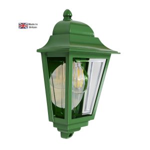 Deco Lane 1 light traditional outdoor wall half lantern in green on white background, lit