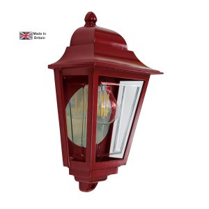 Deco Lane 1 light traditional outdoor wall half lantern in red on white background, lit