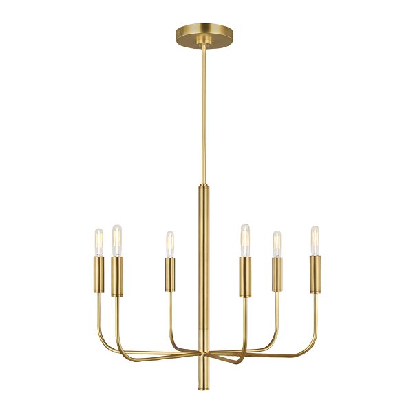 Feiss Brianna 6 light chandelier in burnished brass, full height on white background.