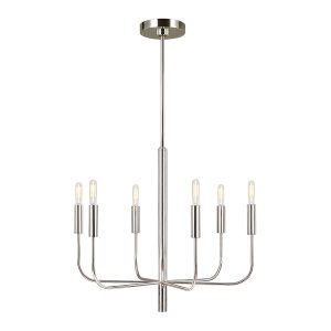 Feiss Brianna 6 light chandelier in polished nickel, full height on white background.