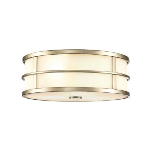 Feiss Fusion 3 light flush ceiling light in painted natural brass on white background, lit.