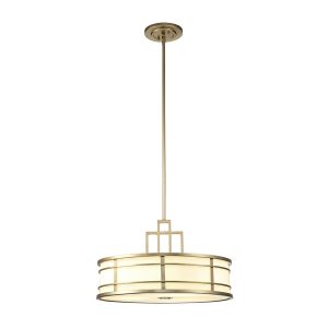 Feiss Fusion 3 light pendant in painted natural brass, full height on white background.