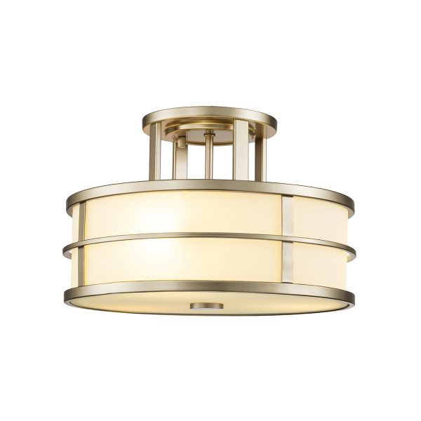 Feiss Fusion 3 light semi flush ceiling light in painted natural brass on white background, lit.