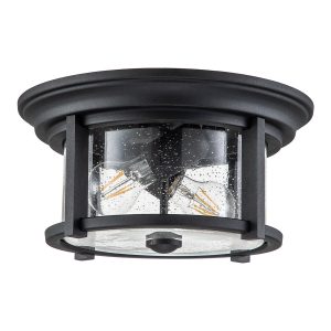 Feiss Merrill 2 light flush porch light in black on white background.