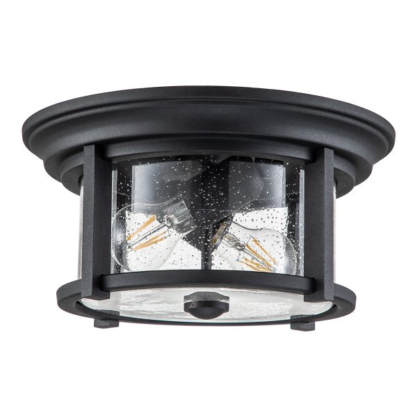 Feiss Merrill 2 light flush porch light in black on white background.