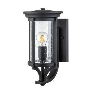 Feiss Merrill 1 light small outdoor wall lantern in black on white background.