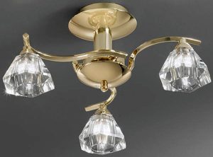 Franklite FL2230/3 Twista 3 light semi flush ceiling light in polished brass with crystal glass shades