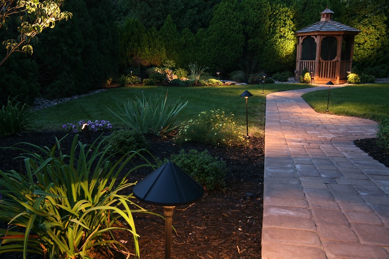 An illuminated landscaped garden lighting up outdoor spaces