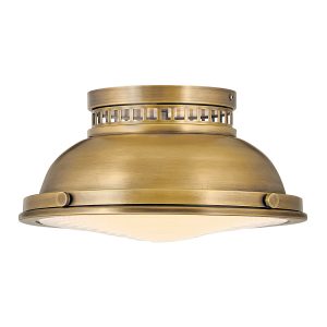 Hinkley Amelia 2 light vintage industrial flush ceiling light in heritage brass on white background