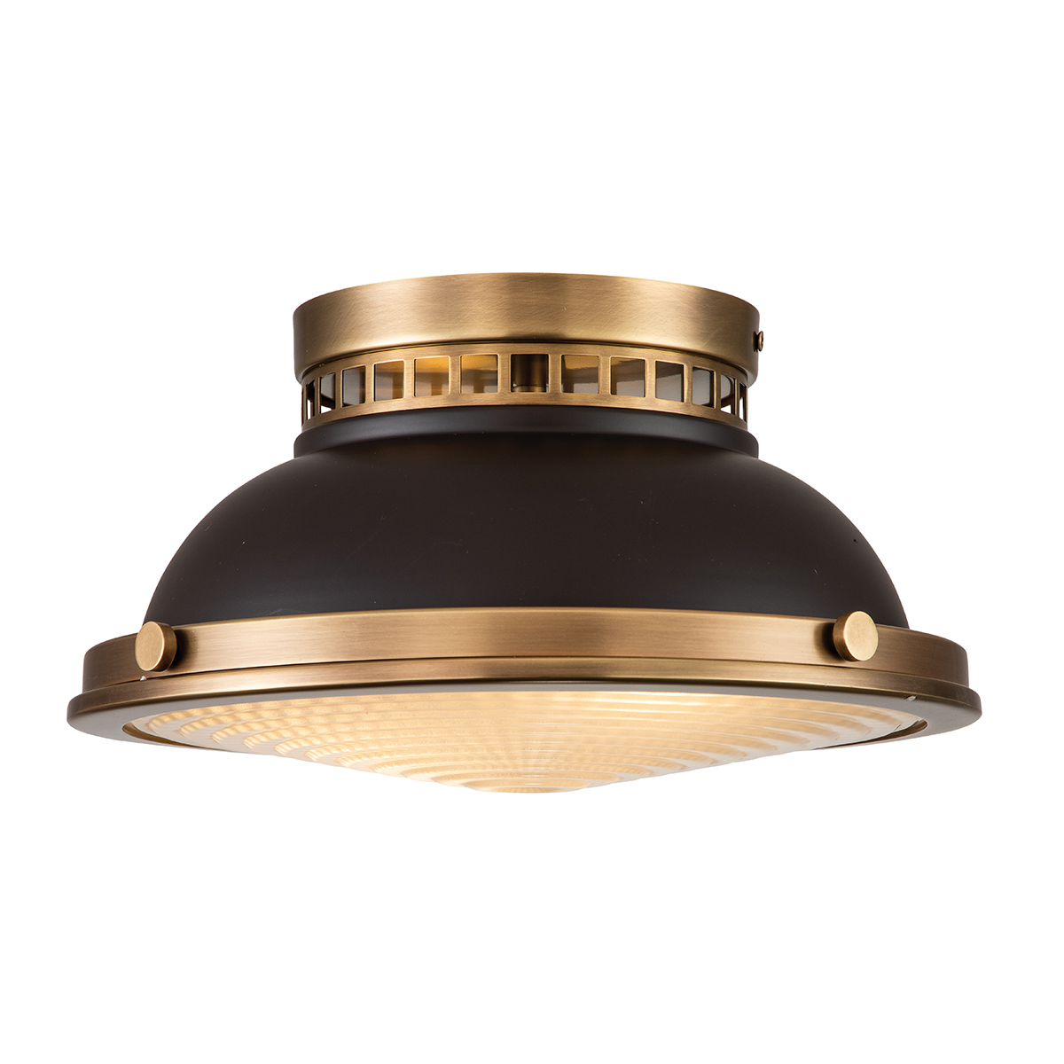 Amelia 2 light vintage industrial flush ceiling light in buckeye and restoration bronze on white background