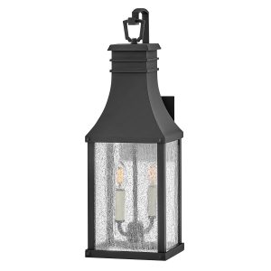 Hinkley Beacon Hill 2 light medium outdoor wall lantern in museum black on white background, lit