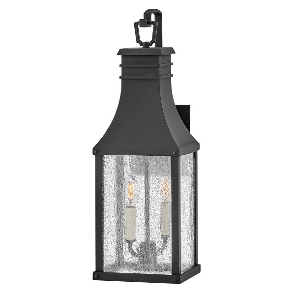 Hinkley Beacon Hill 2 light medium outdoor wall lantern in museum black on white background, lit